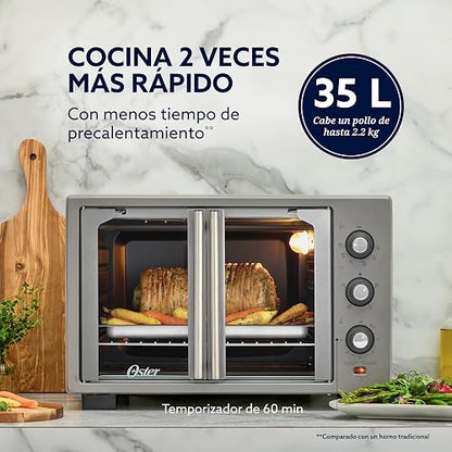 Oster Horno Eléctrico, con Freidora de Aire, 35 L de Capacidad, Para Hornear, Asar, Tostar, Freír al Aire, y Convección, Pollo y Más, Temporizador 60 Minutos, Accesorios, Gris, TSSTTV35FDMAFNS-1MX