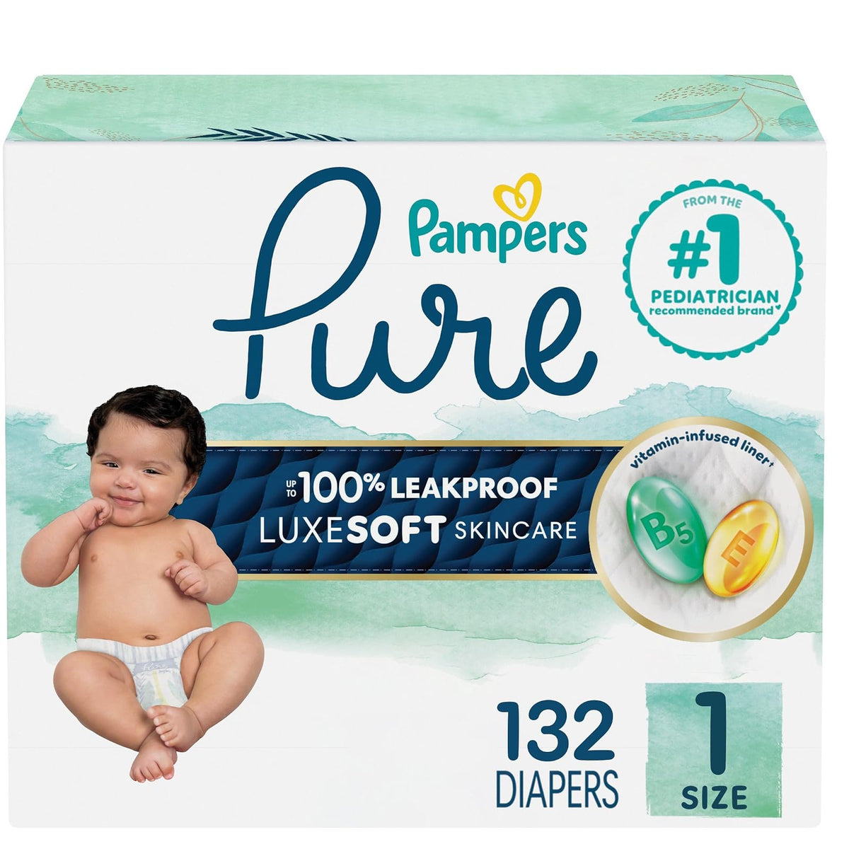 Pañales tamaño 1, 132 unidades – Pampers Pure Protection Pañales desechables para bebé, hipoalergénico y sin perfume, paquete enorme