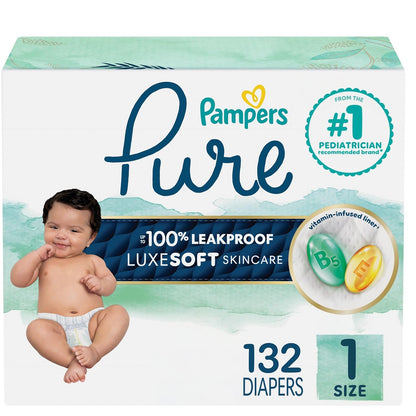Pañales tamaño 1, 132 unidades – Pampers Pure Protection Pañales desechables para bebé, hipoalergénico y sin perfume, paquete enorme