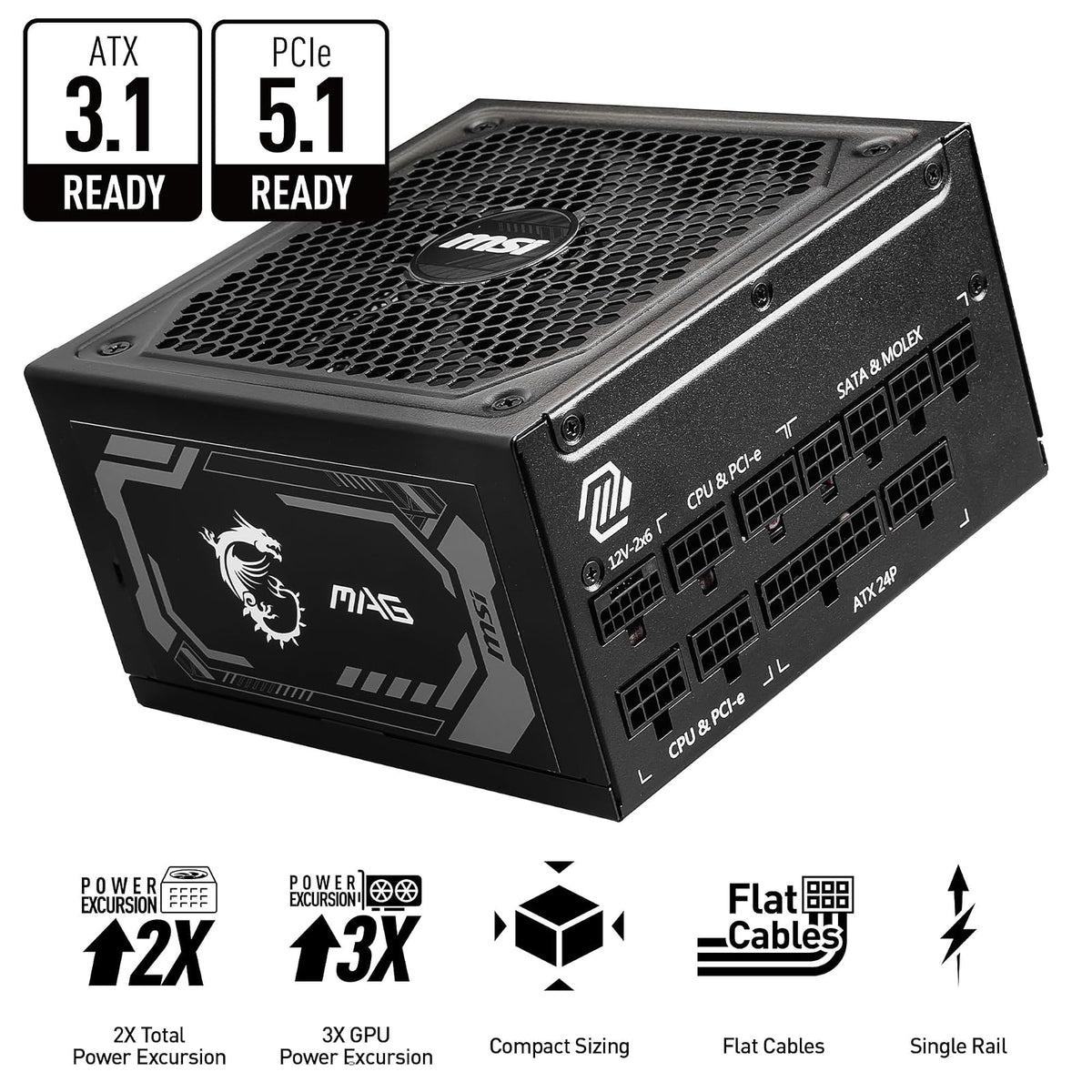 MSI mag 1250GL PCIE 5 Fuente de alimentación - ATX 3.1 y PCIE 5.1 Ready - Full Modular - 80 Plus Gold Certified 1250W - Tamaño Compacto - ATX PSU