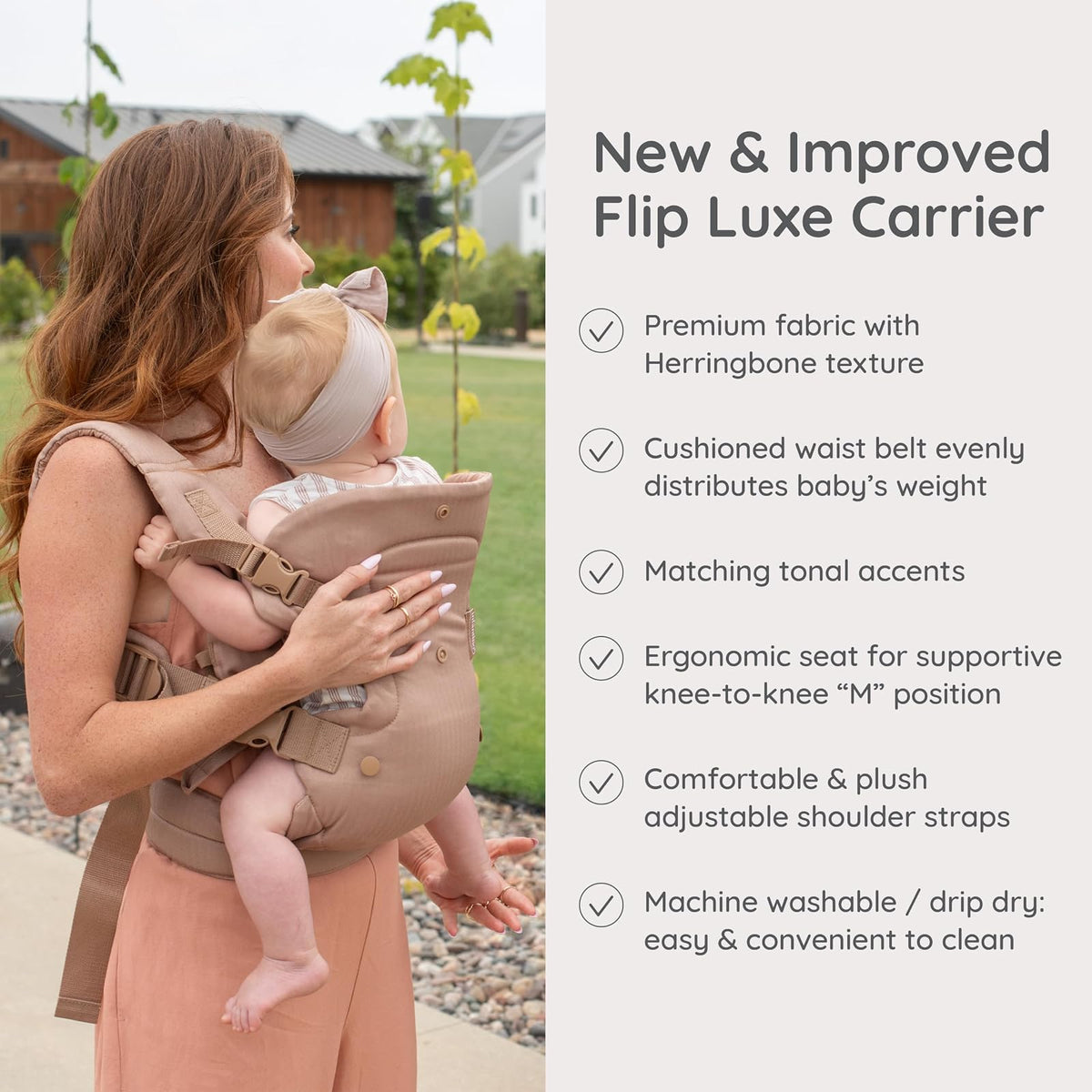 Infantino Flip Luxe - Portabebés convertible 4 en 1, soporte lumbar actualizado, tela de espiga premium, detalles elevados, comodidad manos libres, 7-35 libras, Affogato