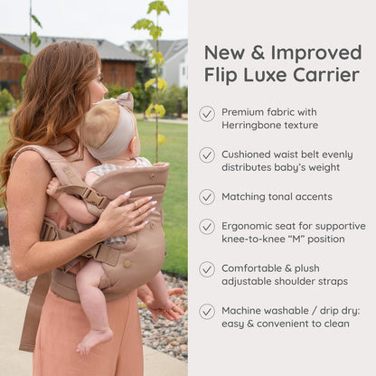 Infantino Flip Luxe - Portabebés convertible 4 en 1, soporte lumbar actualizado, tela de espiga premium, detalles elevados, comodidad manos libres, 7-35 libras, Affogato