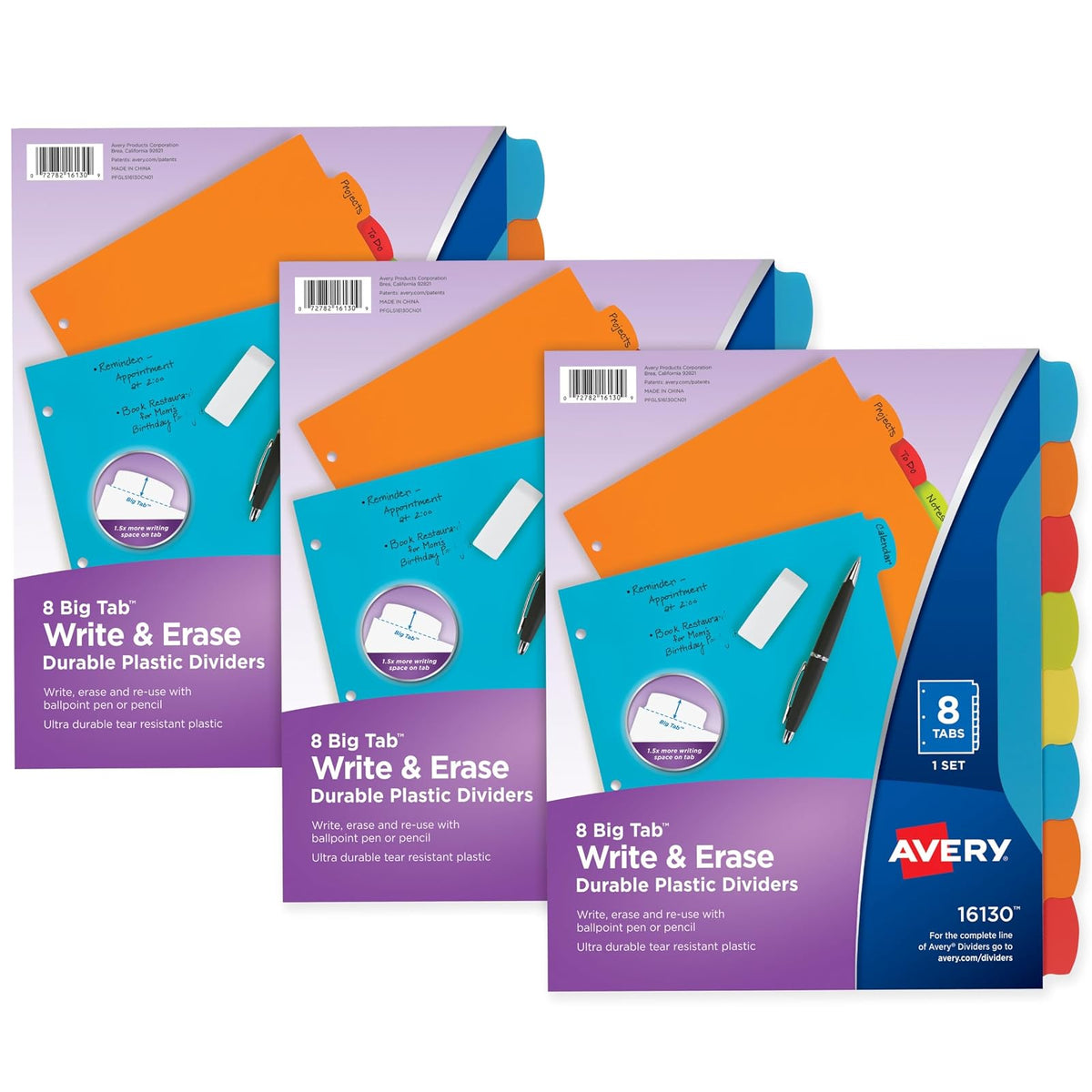 Avery Big Tab Write & Erase Divisores de plástico duradero, juego de 8 pestañas, brillos multicolores, 3 juegos (21210)