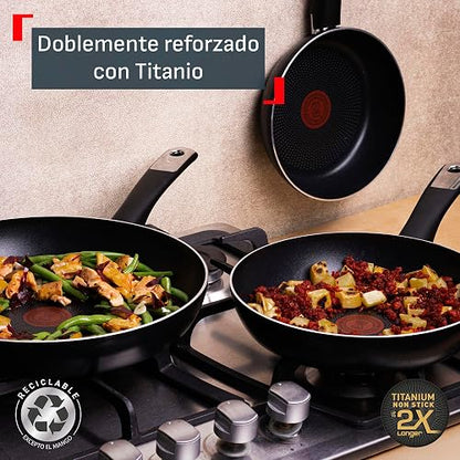T-fal Juego de 3 Sartenes de 20, 24 y 30 cm Hard Titanium Plus con antiadherente titanium 2X, altamente resistente con Termo Señal y difussion base, mango ergonómico y muy compatible, negro, C3829082
