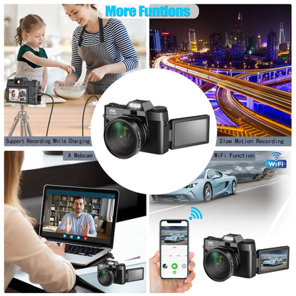Lierhyt Cámara Digital de 48 MP para fotografía, cámara de vlogging 4K, cámara Digital para niños y Adultos con visualización abatible de 180°, Zoom Digital de 16 X, Lente Gran Angular, Lente Macro,