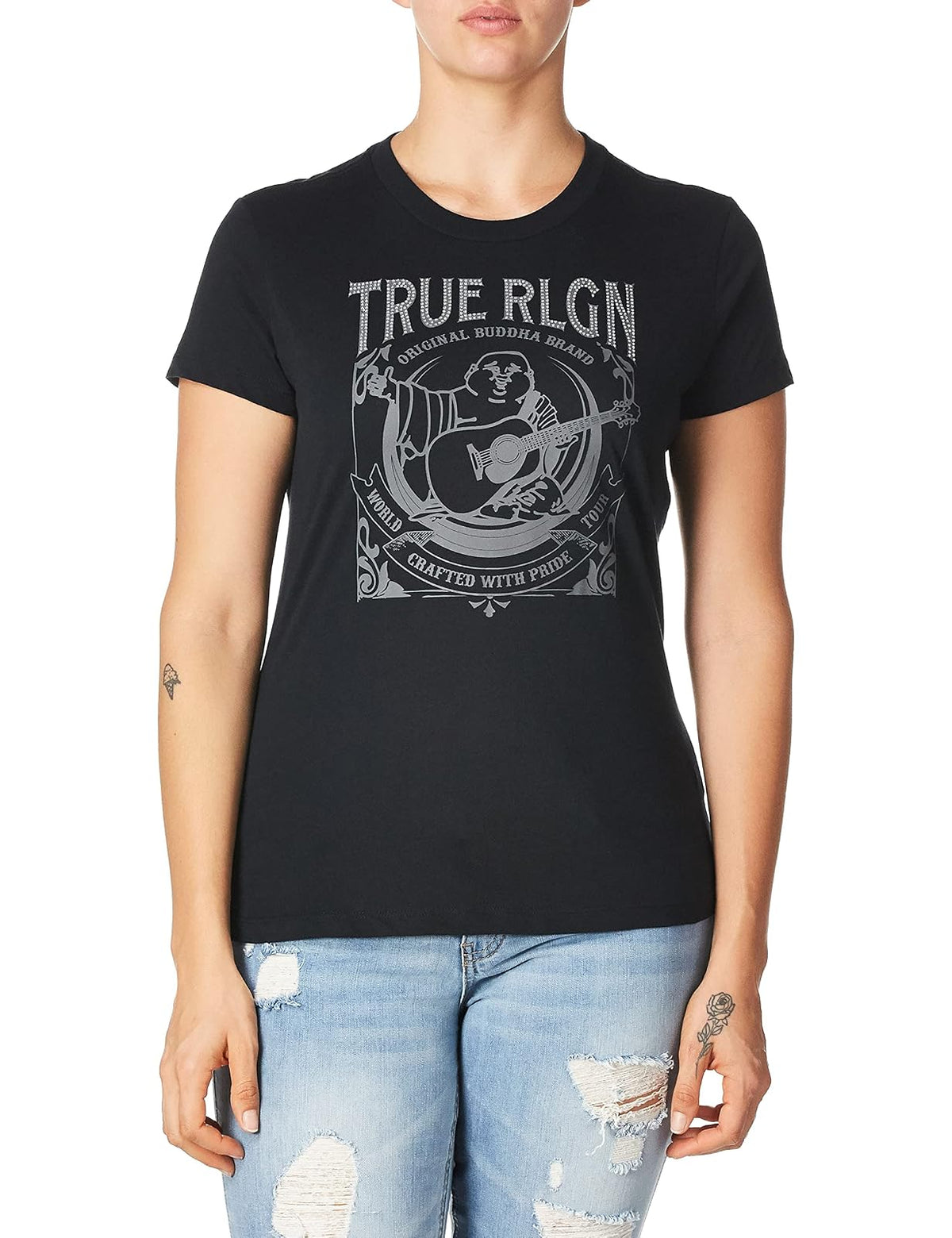True Religion Moon Buddha - Camiseta de Manga Corta y Cuello Redondo Camiseta para Mujer