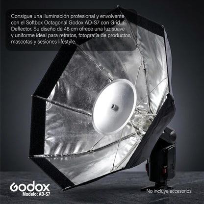GODOX AD-S7 Softbox Octagonal 48cm Tipo Paraguas para Flash Godox, Difusor de Luz con Grid Panal, Deflector Aluminio, Caja de Luz para Fotografia, Beauty Dish Plegable con Bolsa