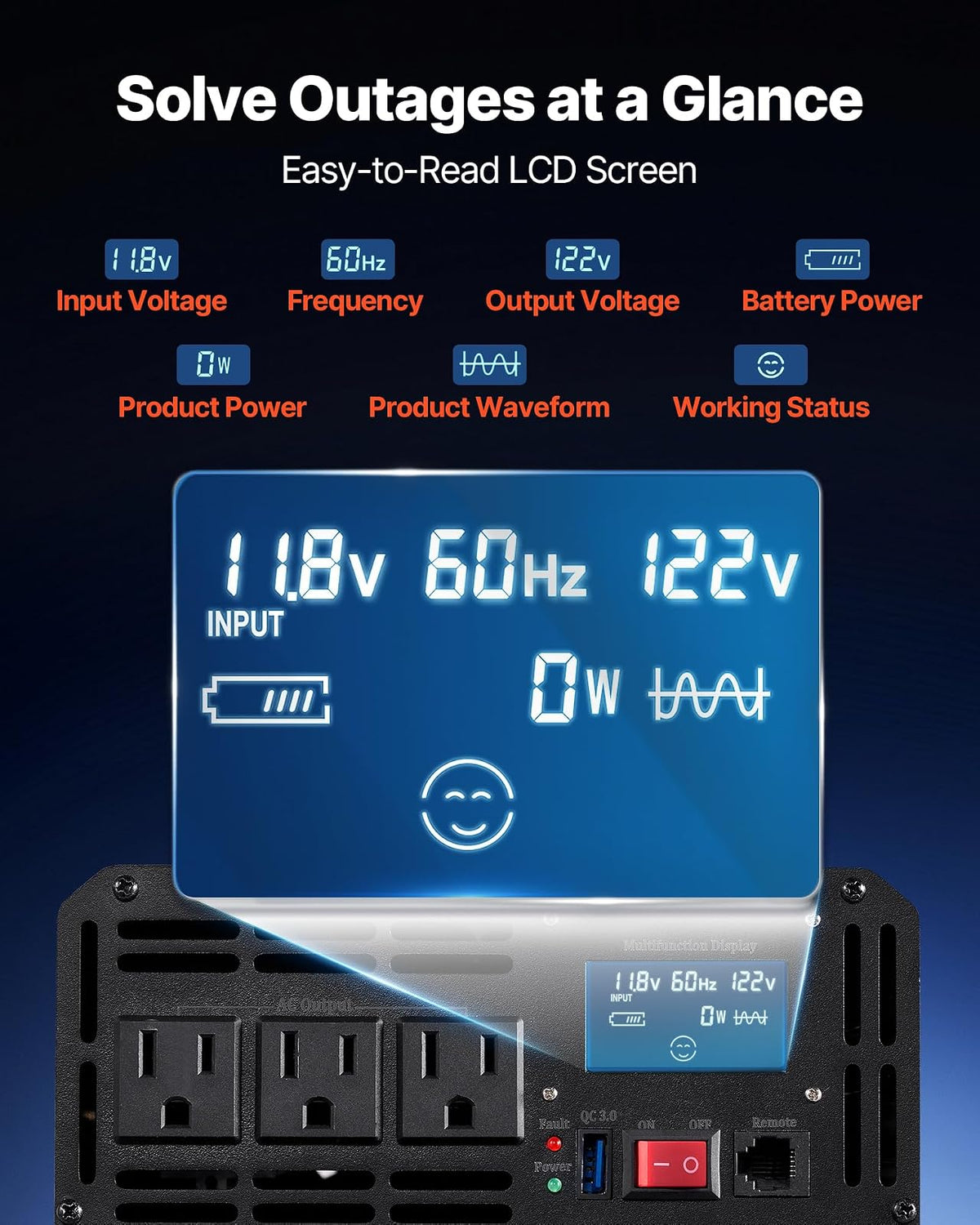 VEVOR Inversor de Onda sinusoidal Pura, inversor de Corriente de 2500 vatios, inversor de CC 12 V a CA 120 V, con Puerto USB, visualización LCD y convertidor de energía de Control Remoto, para RV,