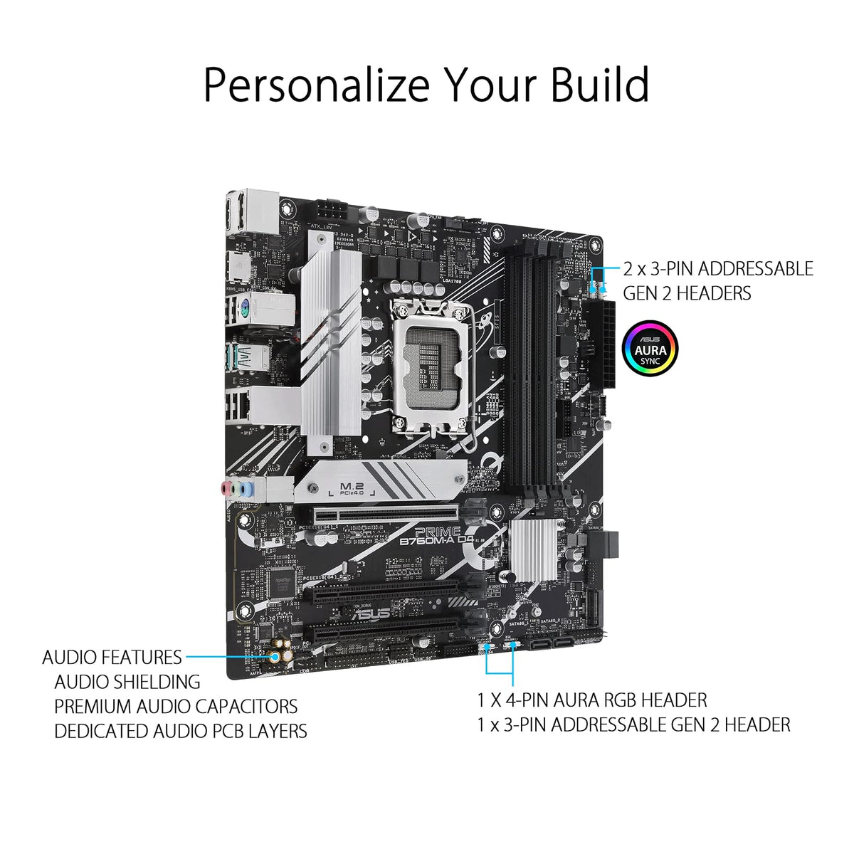 ASUS Tarjeta Madre Intel B760 Prime B760M-A D4, Intel 13° y 12° Gen, LGA 1700, mATX, DDR4, 2X M.2, DisplayPort, Dual HDMI, SATA 6 Gbps y Aura Sync