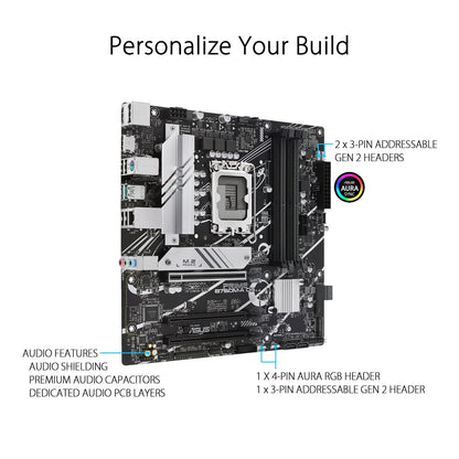 ASUS Tarjeta Madre Intel B760 Prime B760M-A D4, Intel 13° y 12° Gen, LGA 1700, mATX, DDR4, 2X M.2, DisplayPort, Dual HDMI, SATA 6 Gbps y Aura Sync