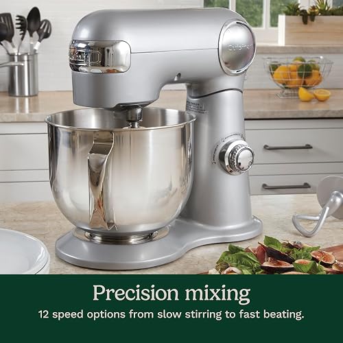 Cuisinart Batidora de pedestal 5 Qt | Motor 500 watts, Tazón acero pulido 5L/ 5qts, Cabezal inclinable, 12 velocidades, Incluye 3 batidores y tapa antisalpicaduras