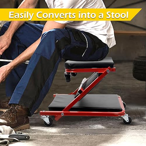 MaxWorks 50873 - Enredadera mecánica 2 en 1, Asiento Z-Creeper de 36 Pulgadas, Capacidad de 300 Libras, Enredadera de Perfil bajo con 6 Ruedas para cochera, Tienda, reparación de automóviles