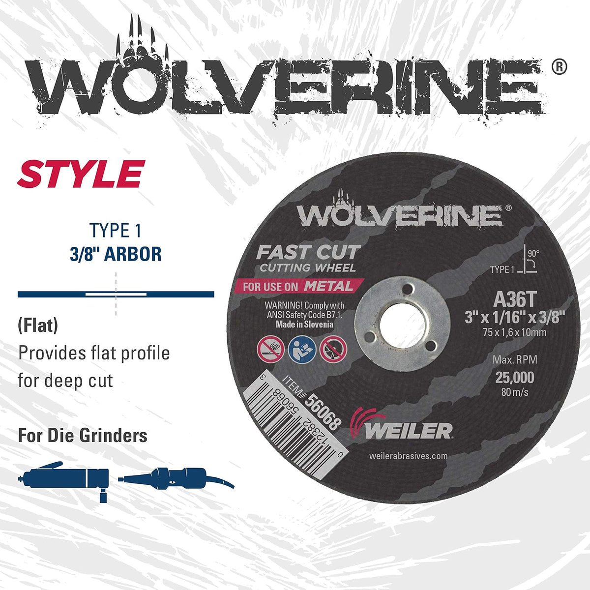 Weiler Juego de Rueda de Corte y Mandril para Amoladora de Troqueles 56089 | Incluye Mandril 56490, Ruedas Wolverine T1 3" x 1/16", A36T, 3/8" AH, 1 Mandril y 10 Ruedas