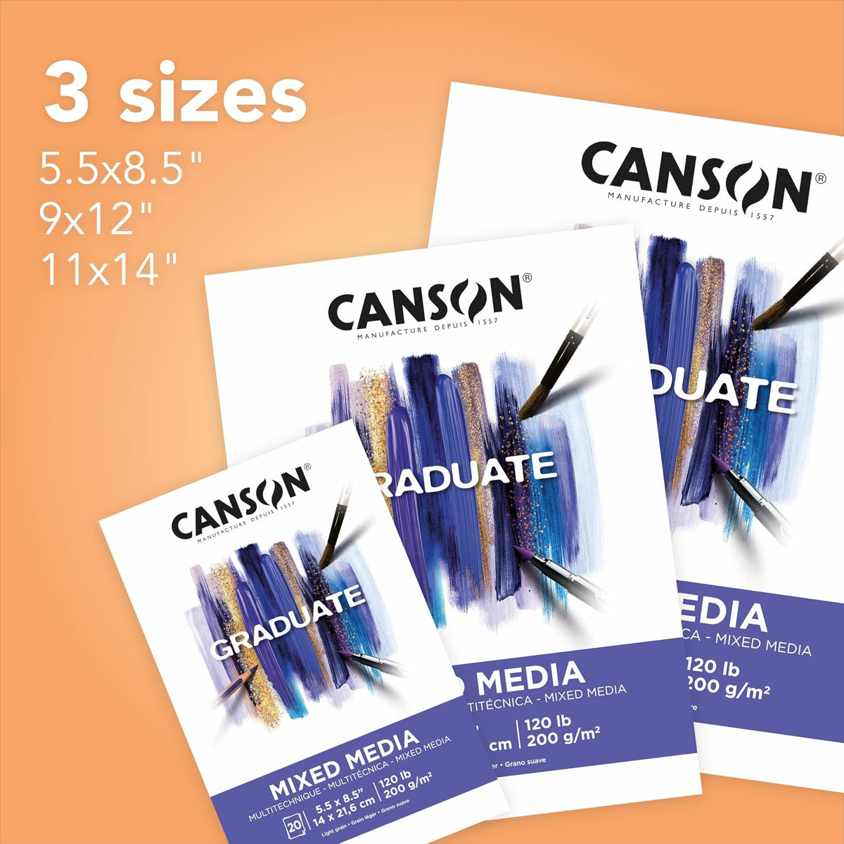 Canson Graduate - Bloc de papel mixto de 28 x 35 cm | Almohadilla plegable, 20 hojas (120 lb/200 g) de papel de artista para adultos y estudiantes, para acuarelas, marcadores