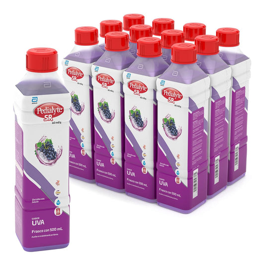 Pedialyte - Electrolitos Orales, 60 mEq, Solución Oral Sabor Uva 500 ml - Caja con 12 piezas, Auxiliar en la Deshidratación por Diarrea, Vómito y Ejercicio