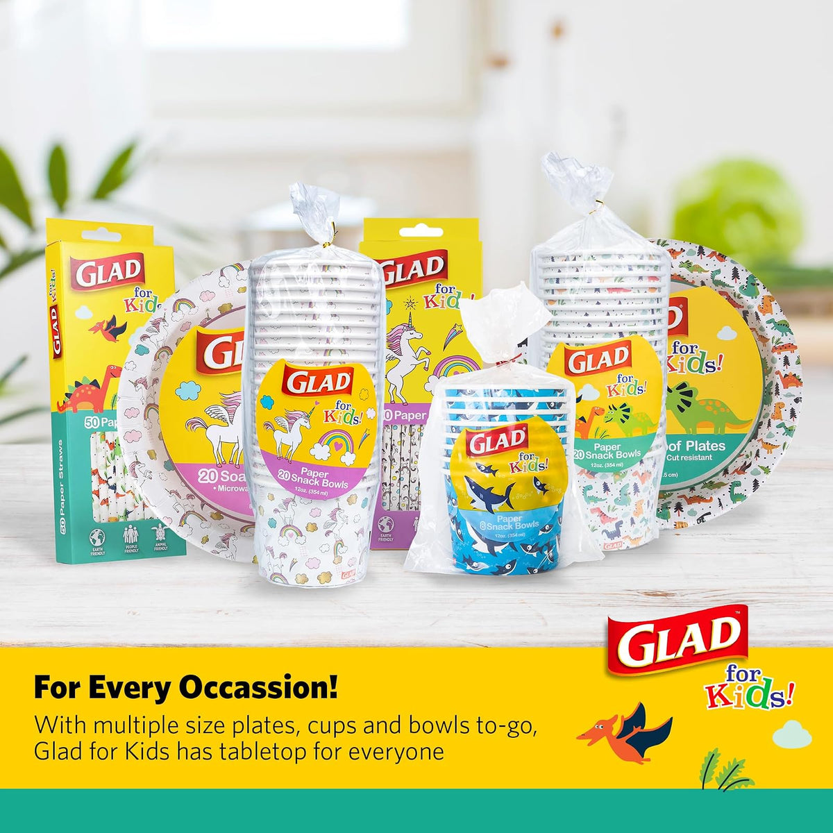 Glad for Kids - Cuencos de papel de dinosaurio, 20 unidades, tapas no incluidas, cuencos desechables con diseño de dinosaurio, para niños, cuencos de papel desechables resistentes para uso diario, 12