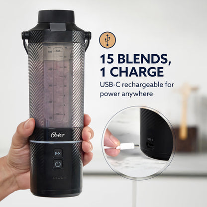 Oster Licuadora Portátil, GoMAX, Recargable USB-C, Personal, Vaso Antiderrames, para Smoothies, Batidos de Proteína, Hielo, Gimnasio, Desayuno Saludable, Negro, BLSTGFP-B20-000