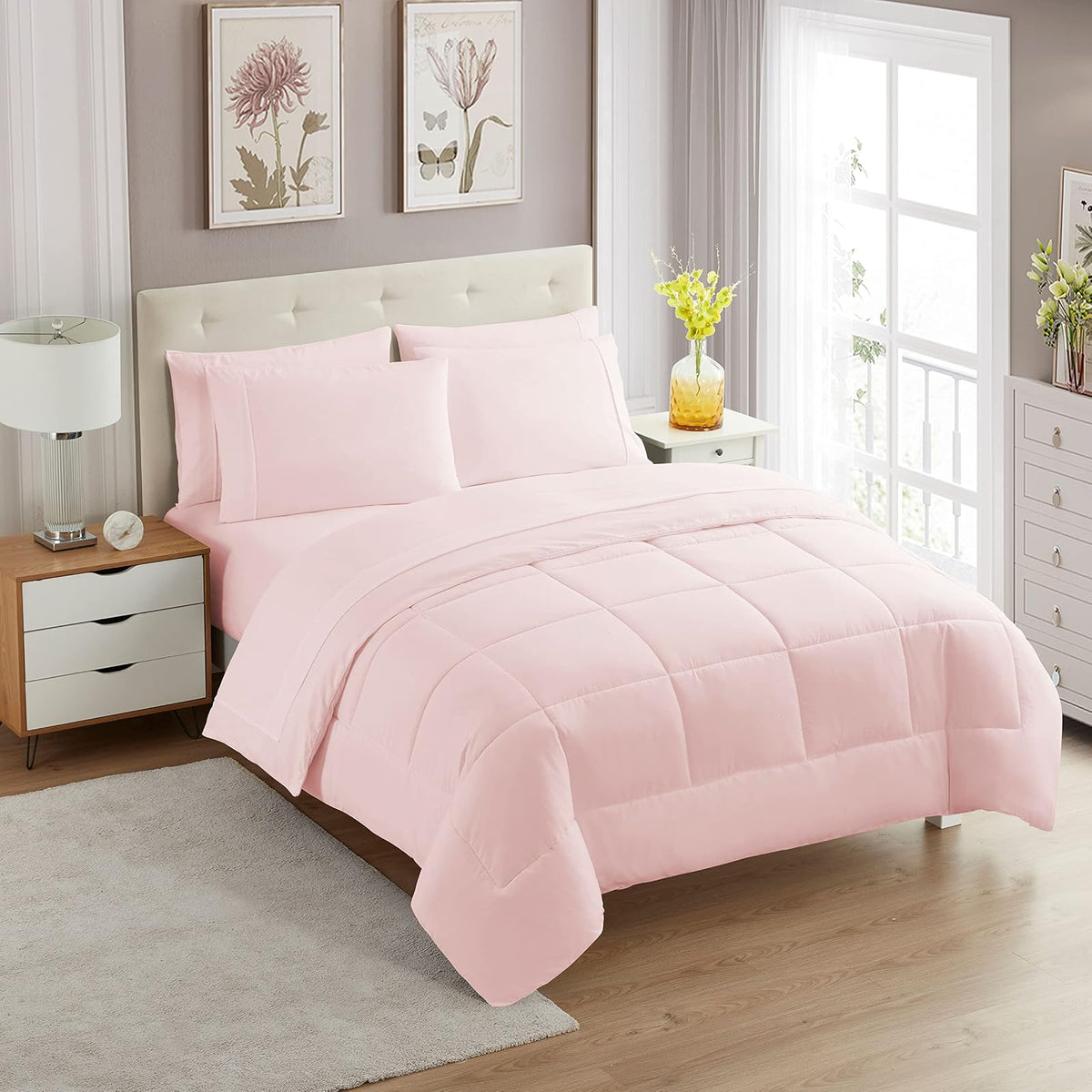 Sweet Home Collection - Juego de edredón de 7 Piezas, Color sólido, Manta Alternativa de plumón Suave para Todas Las Estaciones y sábanas de Microfibra de Lujo, Rosa pálido, tamaño matrimonial