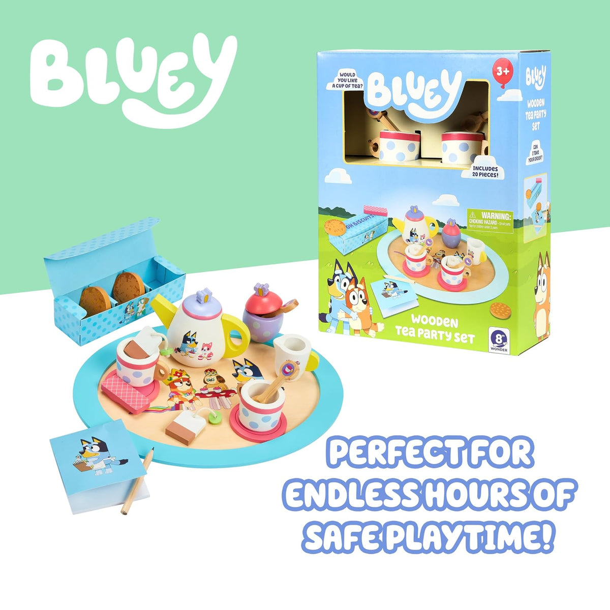 Bluey Tea Party Set Juego De Té para Niños | Pequeño, 18 piezas, madera, con bandeja tetera tazas galletas bloc