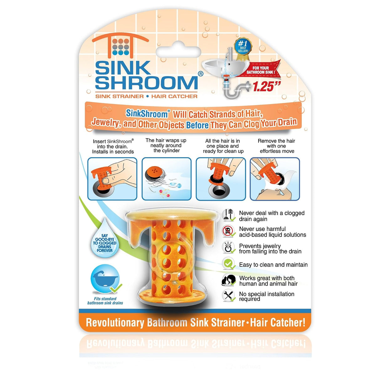 SinkShroom The Revolutionary - Protector de Drenaje para Fregadero, colector de Pelo, colador, Color Naranja