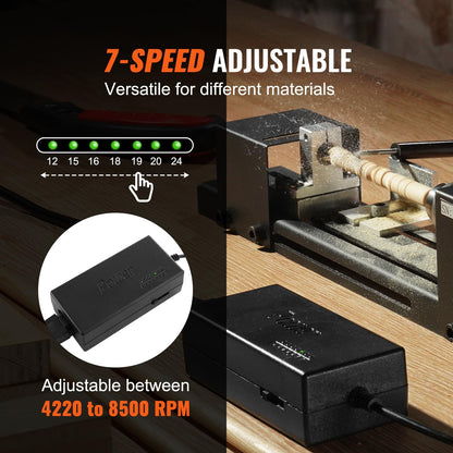VEVOR Mini máquina de torno, 2.7 x 6.3 pulgadas, 24VDC 96W Mini herramientas de tornos de madera, accesorios de fresadora, 7 velocidades, 4220/5300/5650/6350/6660/7050/8450 RPM, para bricolaje