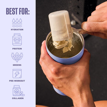 BlenderBottle Vaso Acero Inoxidable Aislado 2 en 1 | Púrpura/Azul, 24 oz, tapa a prueba de fugas, popote, BlenderBall, sin BPA, ideal para batidos proteicos
