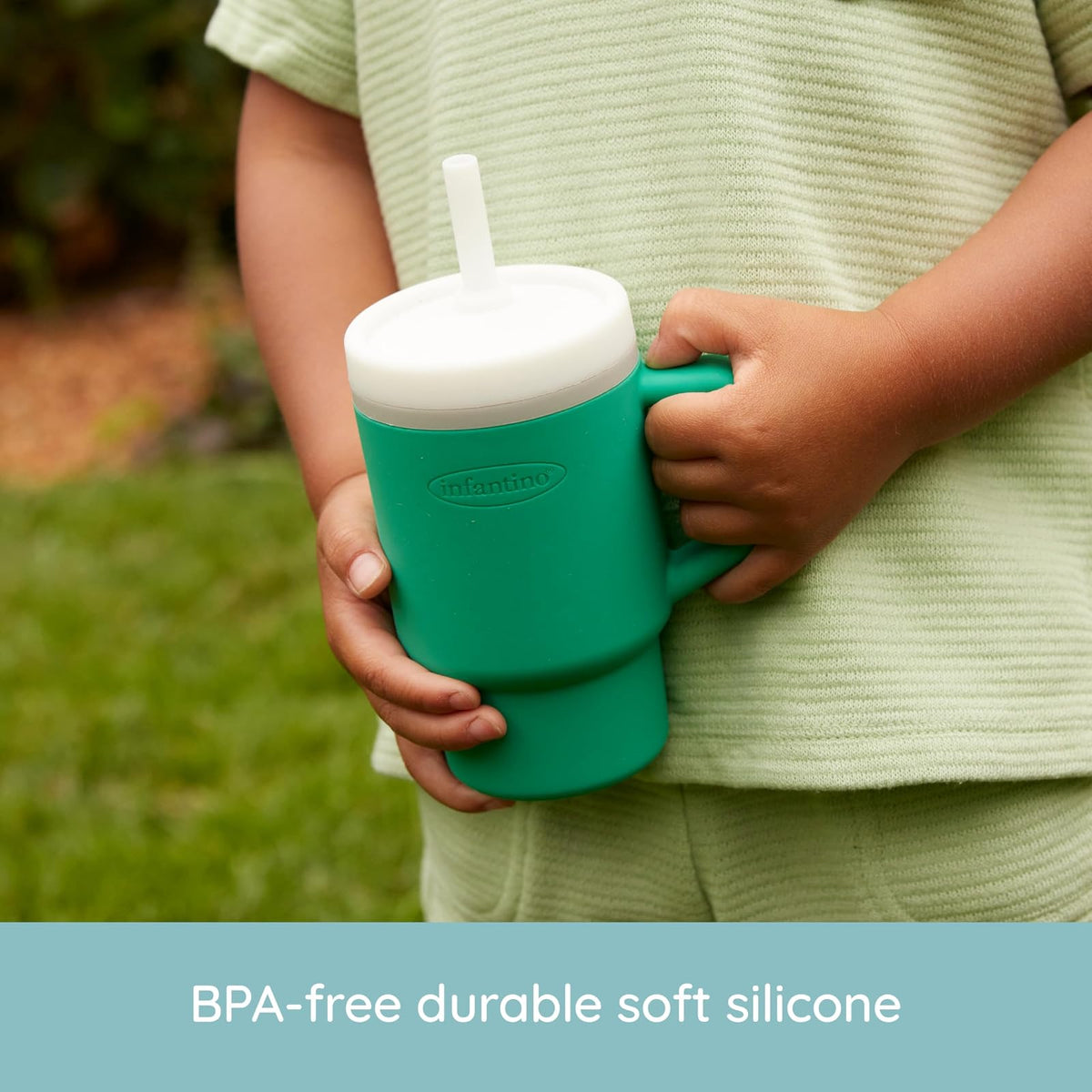 Infantino My 1st Vaso de silicona con popote y asa, resistente a derrames, para la taza de transición sin BPA, alpino