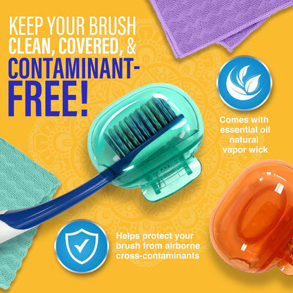 GuruNanda - Paquete de 4 cápsulas de cepillo para polvo de dientes para cepillos manuales y eléctricos, protector de cepillo para polvo de dientes de plástico con clips con vapores de aceite esencial
