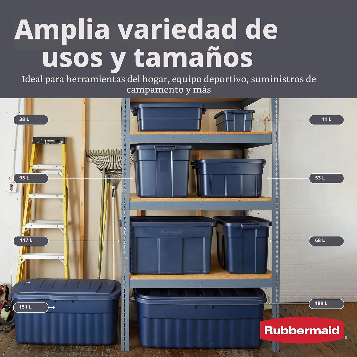 Rubbermaid Roughneck - Bolsa de 3 galones, paquete de 6, fabricado en Estados Unidos, metal índigo oscuro, contenedores de almacenamiento apilables de plástico resistente con tapas y asas