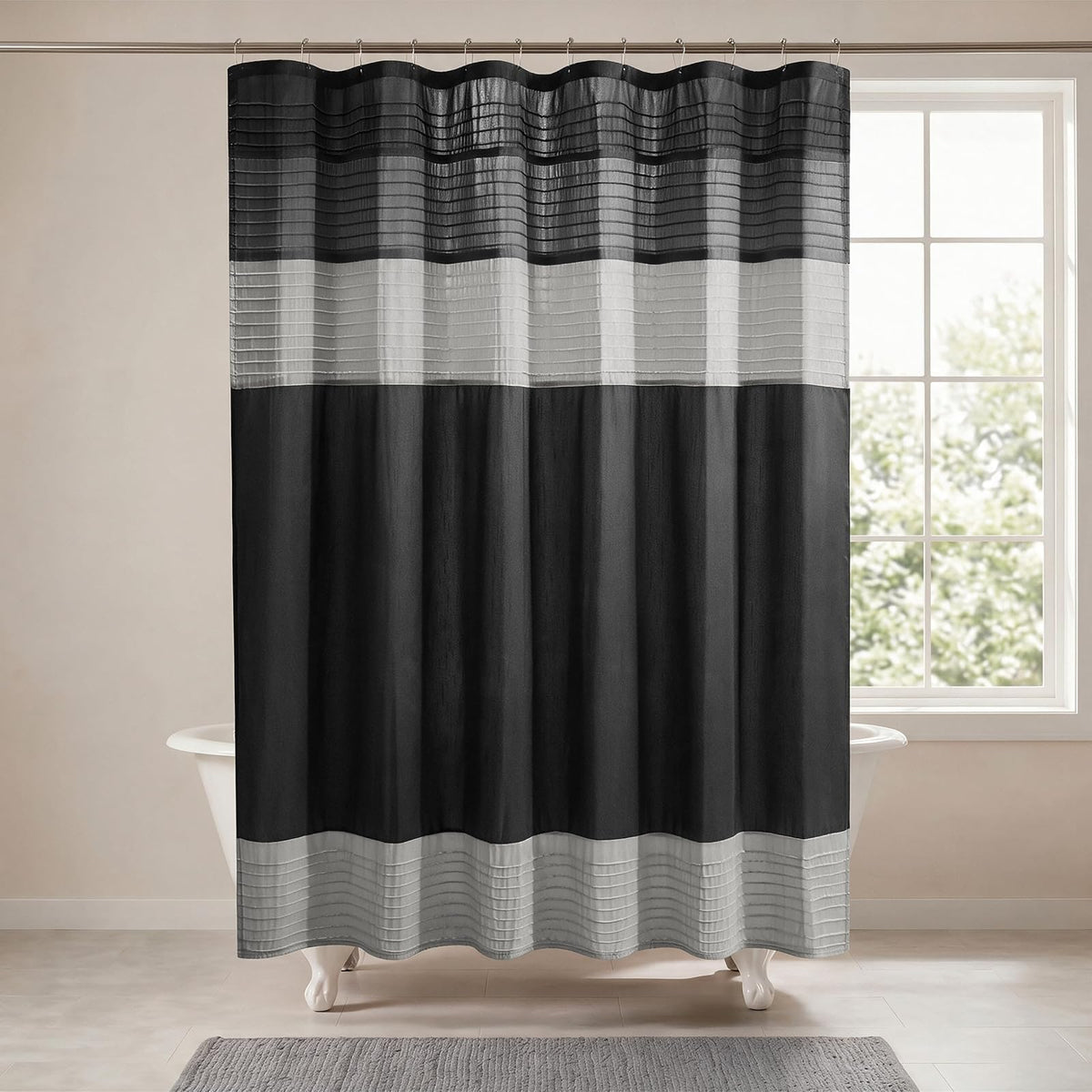 Madison Park MP70-246 Shower Curtain, Black | Clásico moderno, brillo ligero, piezas, rayas, microfibra, lavable a máquina, certificado OEKO-TEX, Amherst - 182.9An x 182.9Al cm (1 Paneles) - Negro