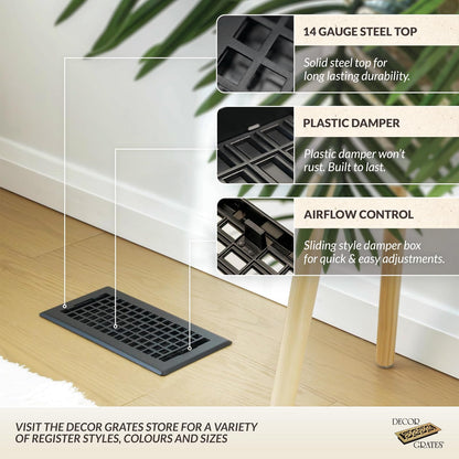 Decor Grates LTH410-BLK - Registro de piso de celosía, 4 x 10 pulgadas, color negro