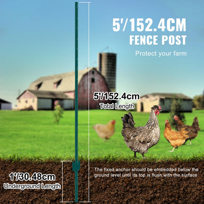 VEVOR Postes de Cerca de Metal 152,4 cm Postes de Cerca de Acero al Carbono Resistentes 10 Piezas Postes de Metal para jardín, Césped, Granjas, Cercas al Aire Libre, Huertos, Carreteras, Verde