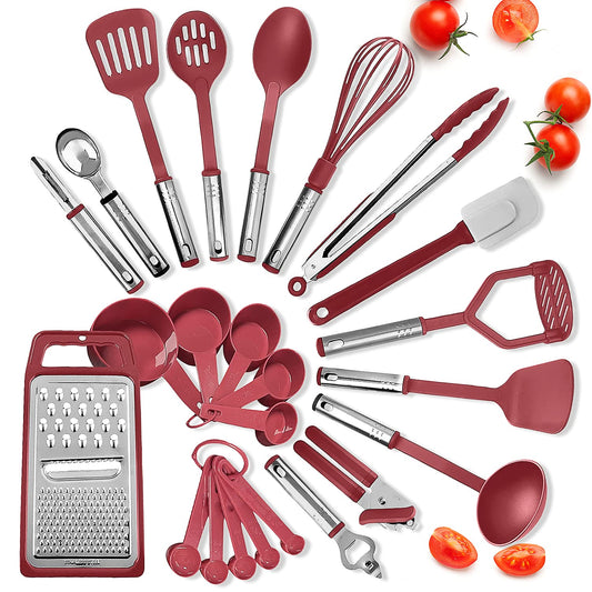 EATEX - Juego de utensilios de cocina, 24 piezas de nailon, juego de espátulas con asas de acero inoxidable, juego de utensilios de cocina resistentes al calor, herramientas y accesorios de cocina