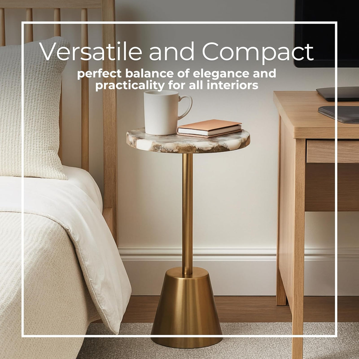 Sagebrook Home - Mesa Auxiliar de Hierro Dorado de 61 cm de Alto con Tapa de ágata de Borde Pulido para decoración contemporánea y glamorosa para Sala de Estar u Oficina