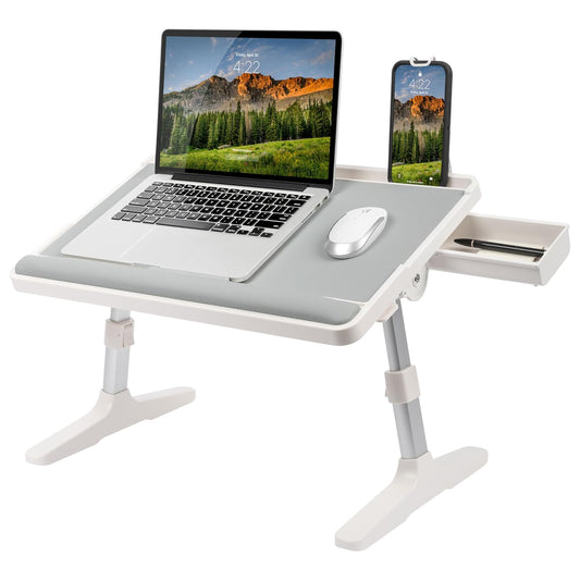LAPGEAR - computadora de piel de fácil inclinación con patas ajustables, reposamuñecas, ranura para medios y almacenamiento incorporado, color gris, se adapta a portátiles de hasta 17 pulgadas, estilo