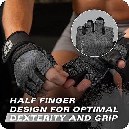 Harbinger Pro - Guantes de pulsera 3.0 - Agarre mejorado, soporte de muñeca superior, licra elástica transpirable en 4 direcciones, palma de piel duradera, diseño de medio dedo para levantamiento de