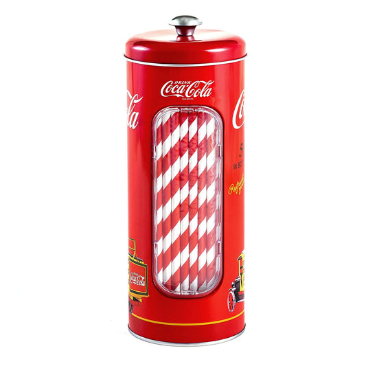 The Tin Box Company Soporte para popotes de Coca con 20 popotes de Papel en el Interior, 3-3/8 x 8-1/4 Pulgadas de Alto, Rojo y Blanco (771517-12)