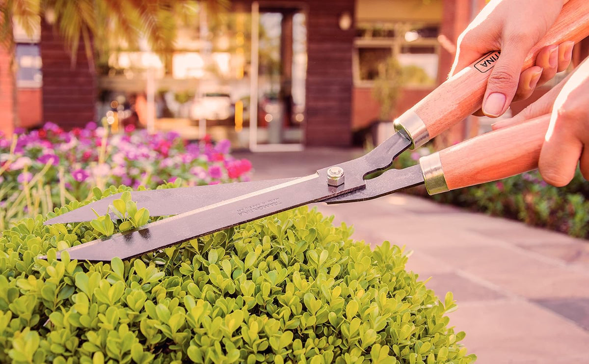 TRAMONTINA - Tijeras para Setos y Césped 12", Lámina de Acero al Carbono, Mango de Madera, Resistente, con Guarnición Metálica, Liviana y Práctica, Herramienta para Jardinería