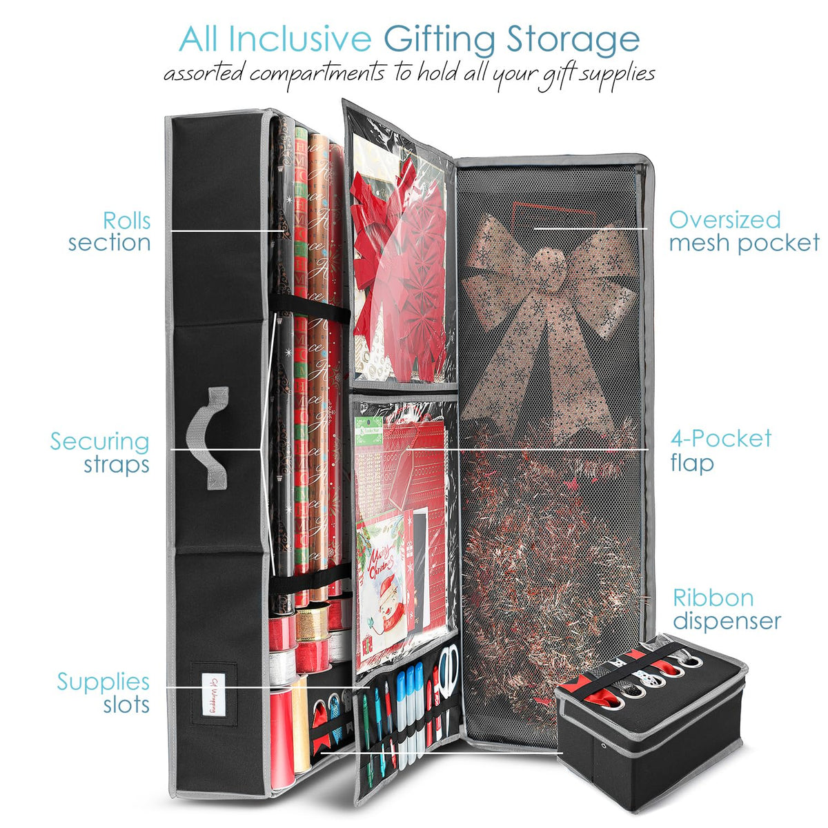 Hearth & Harbor - Contenedor de almacenamiento de papel de regalo con cinta organizador de almacenamiento - Bolsa de almacenamiento de Navidad con bolsillos interiores extras - Organizador de regalo