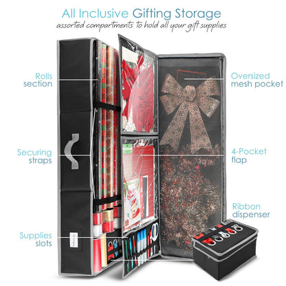 Hearth & Harbor - Contenedor de almacenamiento de papel de regalo con cinta organizador de almacenamiento - Bolsa de almacenamiento de Navidad con bolsillos interiores extras - Organizador de regalo