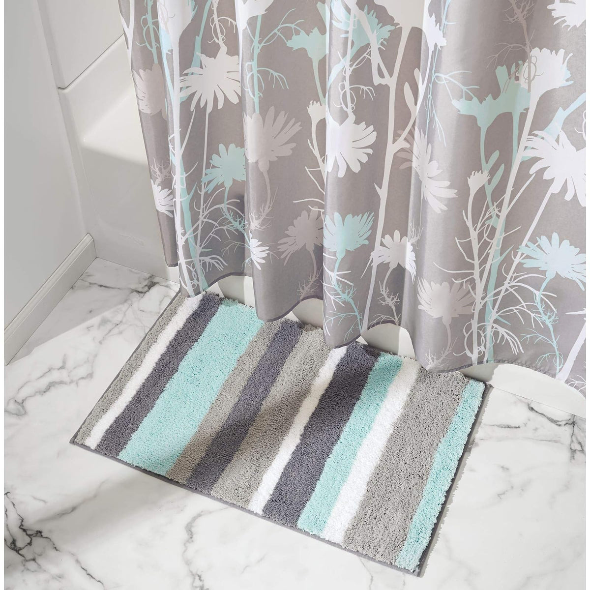 InterDesign Stripz Alfombra de Microfibra, para baño, 86.36 cm x 53.34 cm, Color Menta/Gris