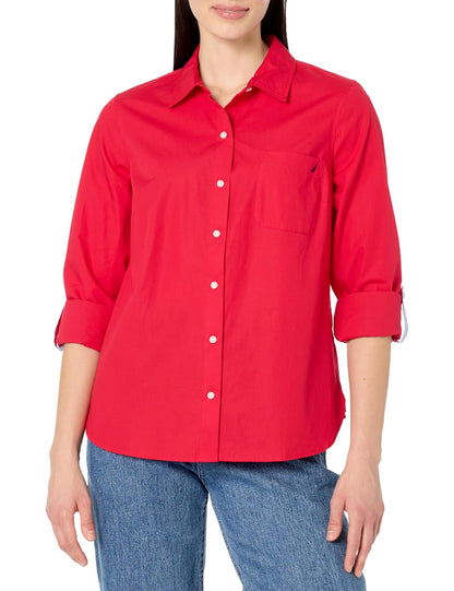 Nautica Camisa de Mezclilla Manga Larga con Botones para Mujer - G - Regatta Rojo