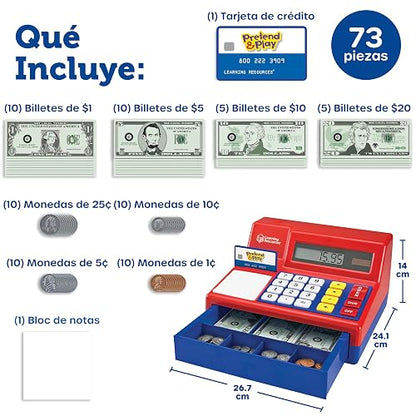 Learning Resources Pretend & Play Caja Registradora con Calculadora - 73 Piezas, Edades 3+ años, Juegos de Imitacion, Caja registradora de Juguete, Juguetes didácticos, Dinero de Juguete