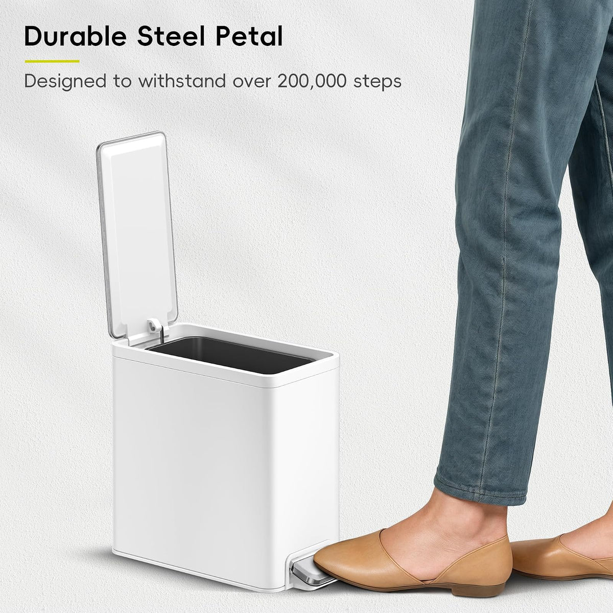 EKO - Cubeta de basura pequeña y delgada para baño con tapa, de acero inoxidable, con cubeta interior extraíble, 6 L / 1.6 Gal, escalonado (blanco)