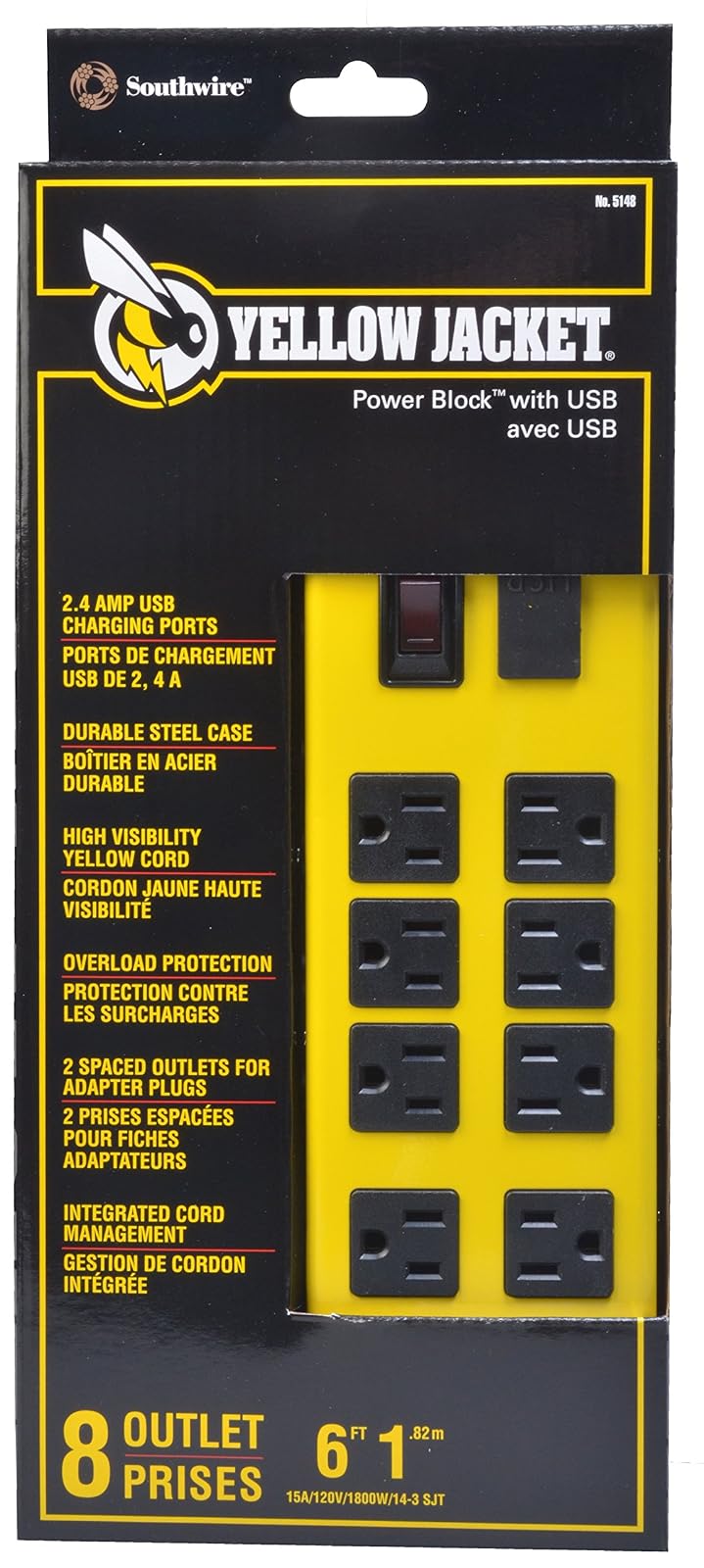 Yellow Jacket - Tira protectora de sobretensión de metal, 8-Outlet Power Strip, Amarillo