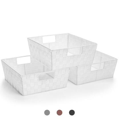 Sorbus Woven Basket Bin Set - Storage Bins closet organizer, Set of 3, Closet Organizers and Storage Solution, White Baskets for Organizing Household Items with Woven Straps & Built-in Carry Handles