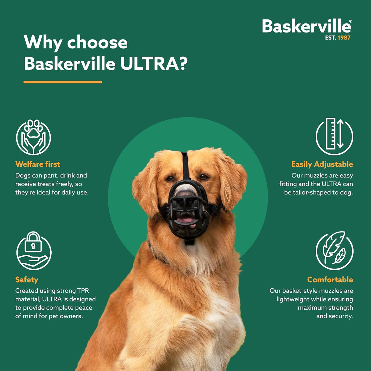 Bozal BASKERVILLE Ultra, patentado y respetuoso, transpirable, permite jadear y beber, ajustable, acolchado, para adiestramiento, evita mordidas y hurgar buscando animales (Talla 5, Negro)