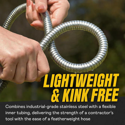 Bionic Steel Manguera de jardín de 25 pies, manguera de metal de acero inoxidable 304, manguera de agua súper resistente y flexible, accesorios de aluminio ligero, resistente a los aplastamientos, sin torceduras y enredos, a prueba de óxido, fácil de usar