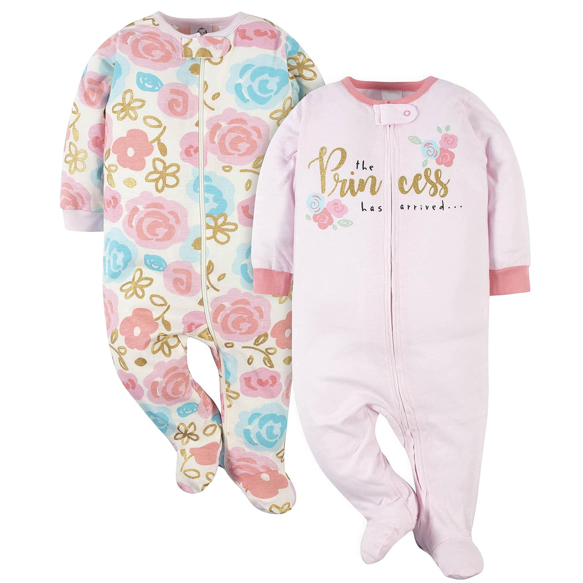 Gerber Paquete de 2 Pijamas con Pies para Bebés Niñas - Princesa rosa - 6-9 Meses