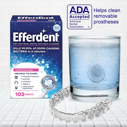 Efferdent Tabletas Limpiadoras de Dentaduras, Limpieza Completa, Limpiador para Retenedores y Aparatos Dentales, 102 Tabletas